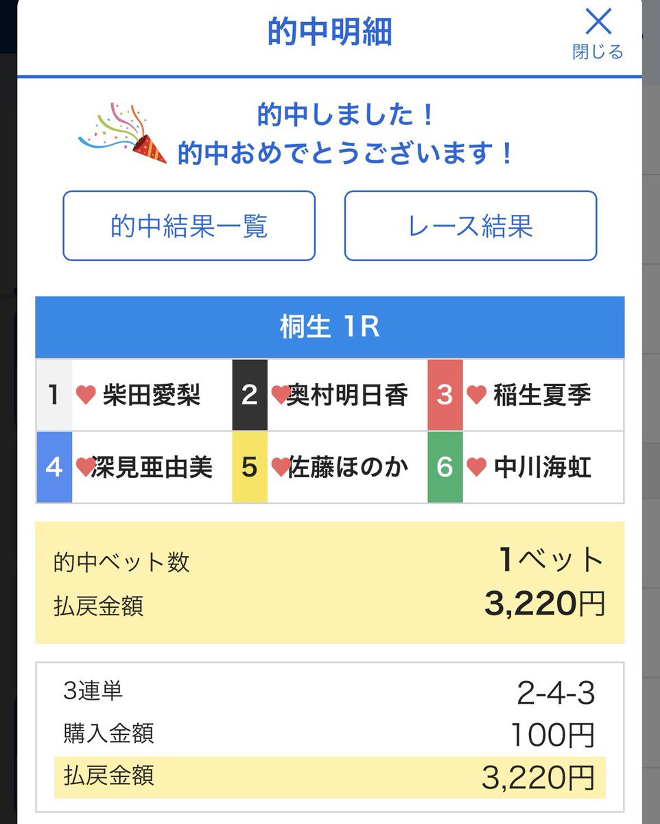 Dice_pingei's tweet photo. 結果2-4-3 3220円

的中でございますm(_ _)m
2-3だと安かったですが…2-4だったので少し良いオッズでしたね！
ありがとうございましたm(_ _)m

#ボートレース桐生
#第１９回マクール杯
#ヴィーナスシリーズ第１６戦
#女子戦 https://t.co/RF74PXmfAz