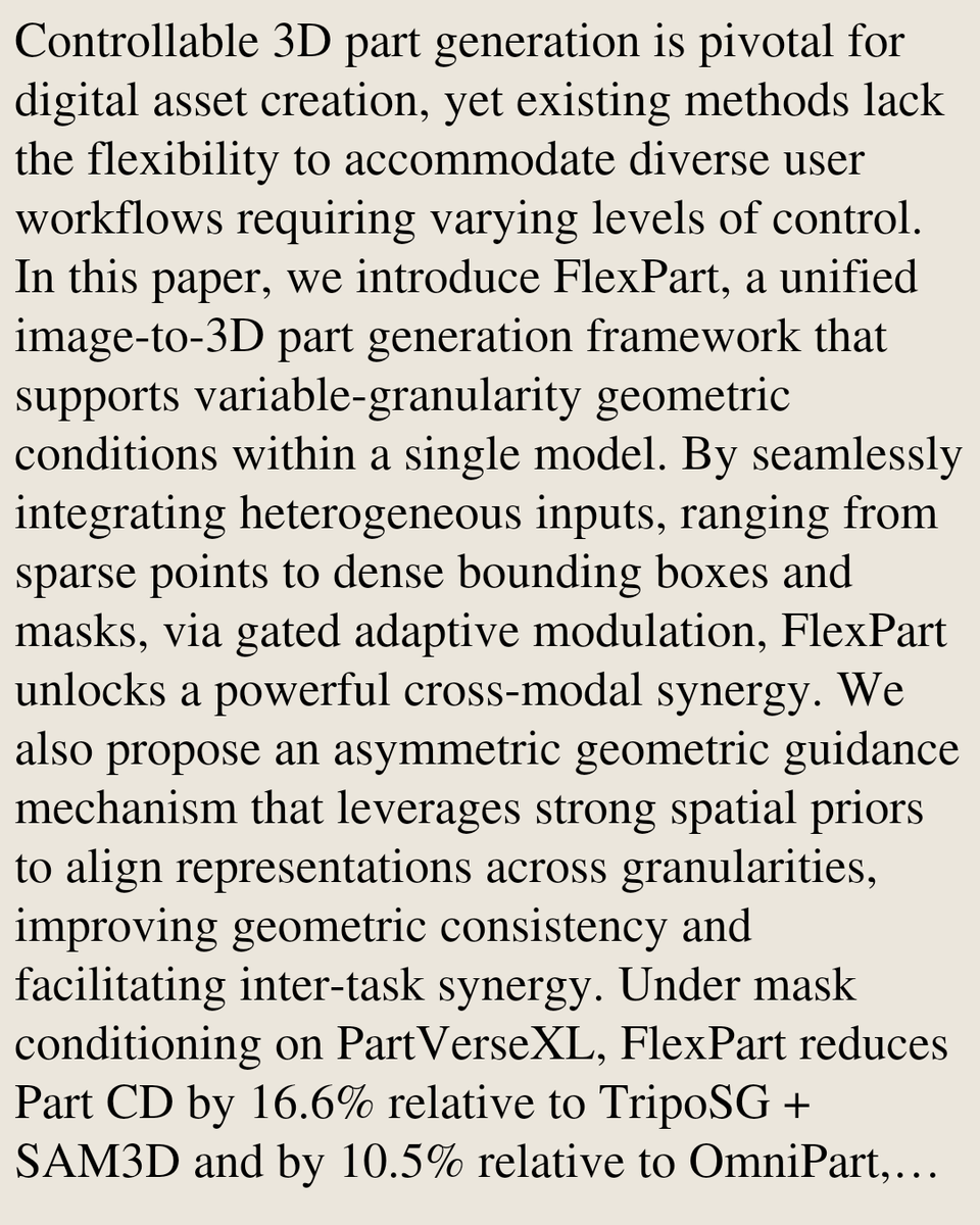 CSVisionPapers's tweet photo. A Unified Framework for Image-to-3D Part Generation via Variable Granularity

Qiwen Gu, Xin Zhou, Xiwu Chen, Zhongyang Zhu, Zhuo Zhang, Junqiao Zhao
https://t.co/YYUW4NibEM [𝚌𝚜.𝙲𝚅]
💬Accepted at NeurIPS 2026 https://t.co/KxeQcZW5AV