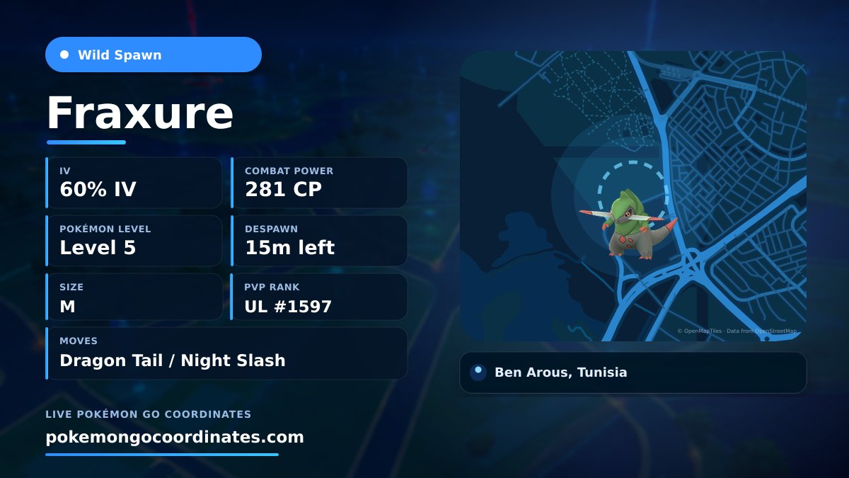 CoordsPokemonGo's tweet photo. Rare #Fraxure Wild Spawn
60% IV • 281 WP • Level 5 • Size M
Moves: Dragon Tail/Night Slash
🇹🇳 Ben Arous, Tunisia
Despawns in 15 minutes
36.736737,10.191119
#iSpoofer • #WildSpawn https://t.co/OlTHgJsnsW