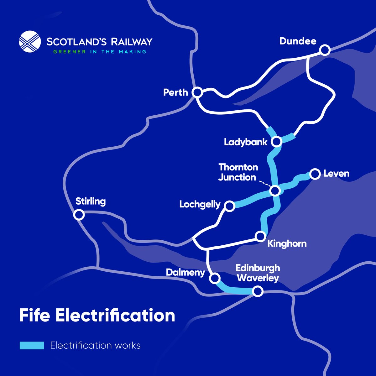 NetworkRailSCOT's tweet photo. @greenhow_callum Hi Callum, the railway between Inverkeithing and Kinghorn isn't seeing overhead wires installed. The new @ScotRail trains being procured at the moment will run on battery power between those points, with wires starting in the Kinghorn area. Here's a wee map for clarity https://t.co/wKDnV4kfIg