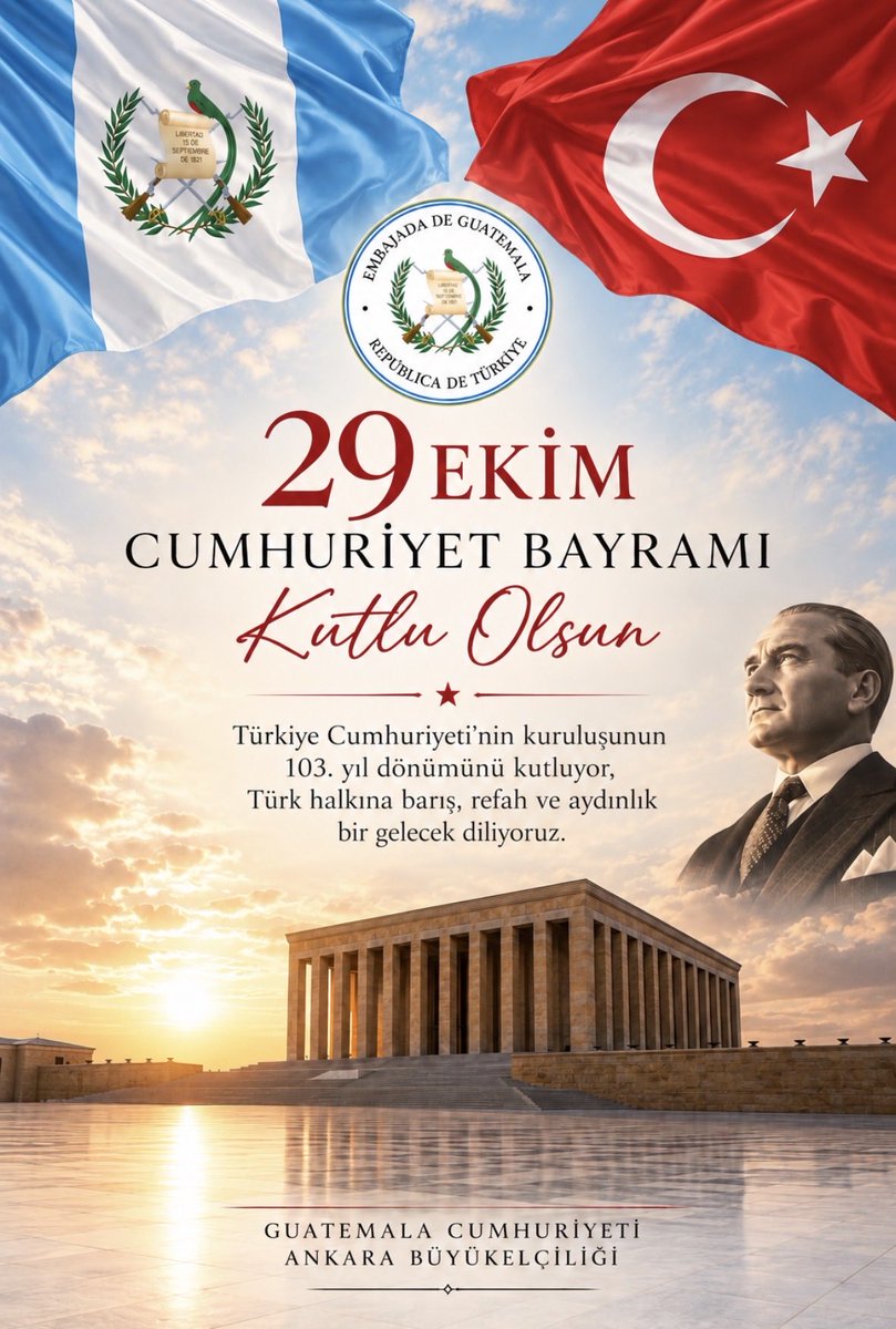 EmbaGTTurkiye's tweet photo. Cumhuriyet'in ilanının 103. yıl dönümünde Türkiye'ye ve Türk halkına en içten tebriklerimizi sunar, bu vesileyle iki milleti birbirine bağlayan dostluk ve iş birliğine olan bağlılığımızı bir kez daha teyit ederiz. https://t.co/CDh0Zk2bhD