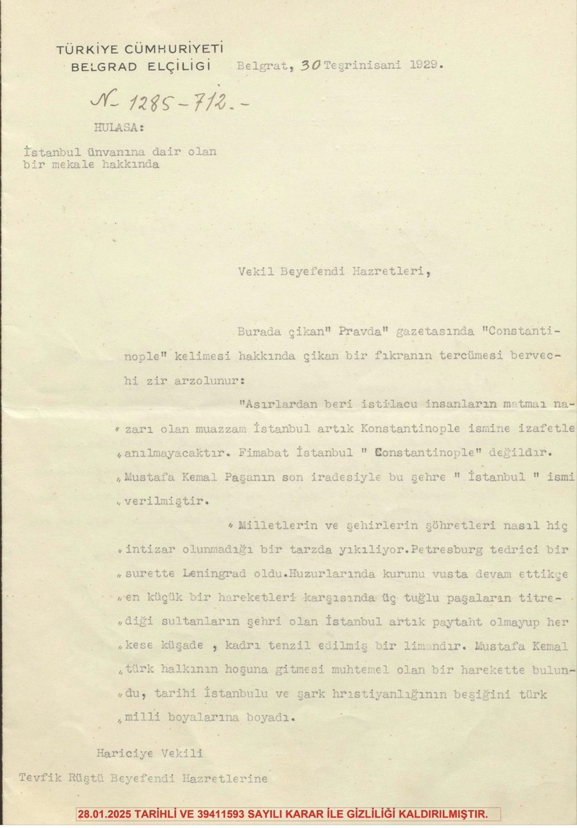 lordsinov's tweet photo. Gizliliği 2025'te kaldırılan diplomatik arşiv belgesi...

Atatürk Constantinople isminin kullanımını yasaklayınca Sırplar kudurmuş:

Kemal, İstanbul'u Türk milli boyalarına boyadı. https://t.co/ZqxBufOPM4