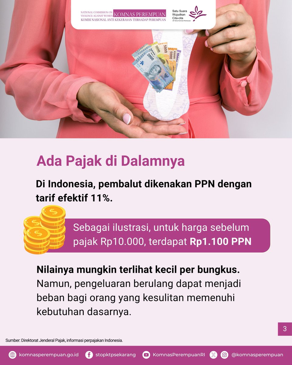 KomnasPerempuan's tweet photo. Pembalut bukan produk opsional, melainkan kebutuhan esensial yang dialami oleh separuh populasi di Indonesia. Namun, hingga kini pembalut masih dikenakan PPN, sementara berbagai barang kebutuhan pokok lainnya mendapatkan pembebasan pajak.

Beberapa negara telah mencoba praktik dari mulai menurunkan harga, memberi akses gratis seperti di sekolah atau rumah sakit, juga merancang pembalut yang dapat dipakai ulang. Di Indonesia praktik tercatat dilaksanakan atas inisiatif kolektif dari masyarakat/lembaga/usaha.