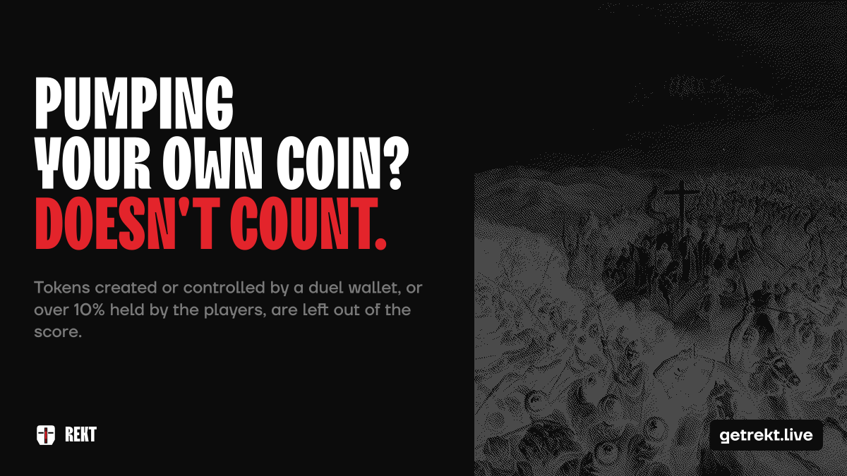 getrekt_live's tweet photo. Launch a coin, pump it with your second wallet, win the duel?

No.

Tokens created or controlled by a duel wallet don't count.
Neither do tokens the players hold more than 10% of. https://t.co/n7zijPM5lo