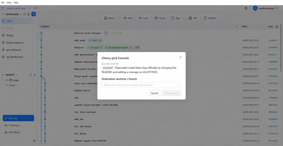worktreewise's tweet photo. Stuck in a broken merge or rebasing loop? Use WorktreeWise's visual Git operations to inspect conflicts, reset, or cherry-pick cleanly.

https://t.co/4KQCwMhkLe
#Git #Debugging #WebDev https://t.co/e7xzdFNL74