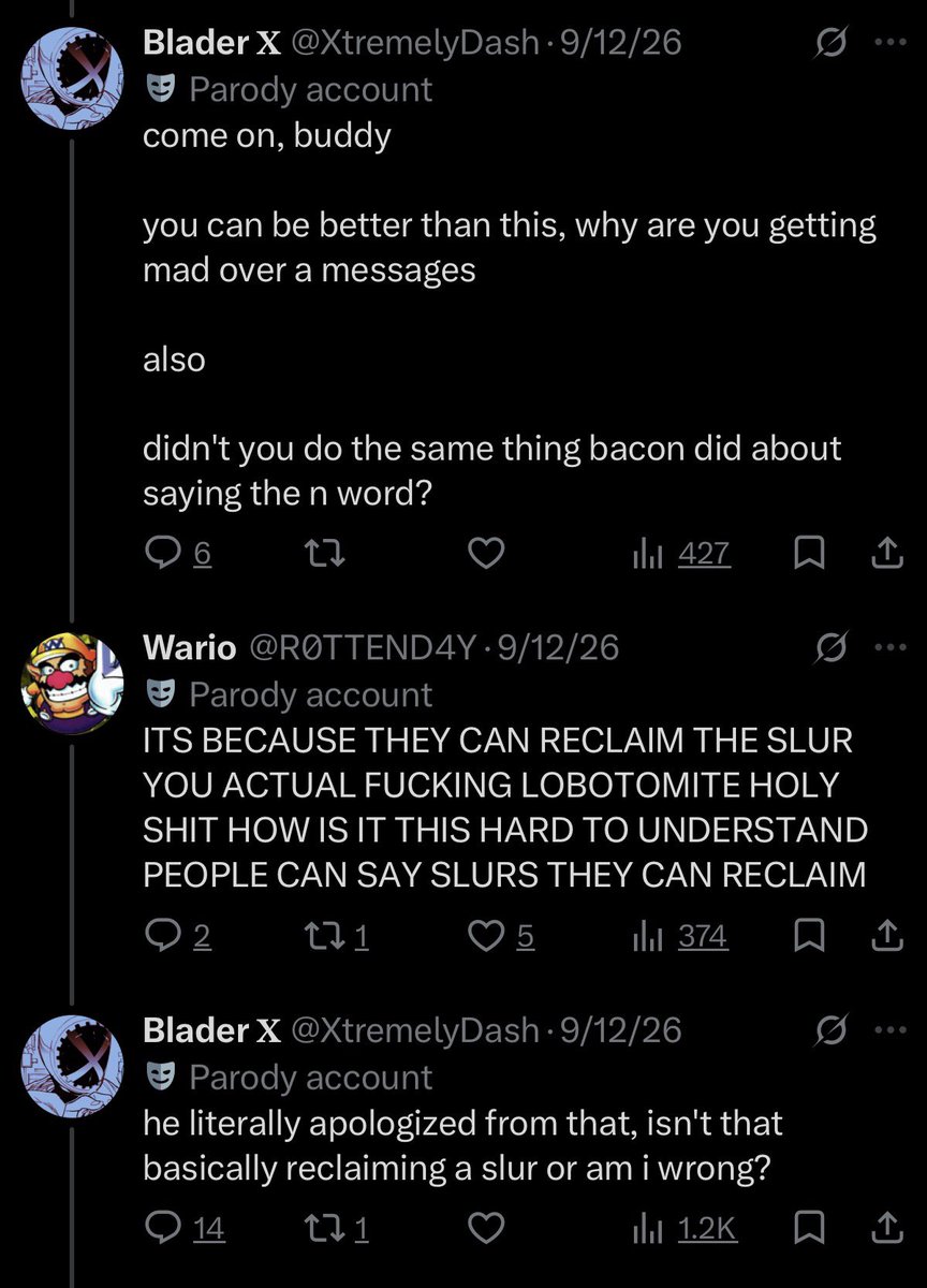 SGspouse's tweet photo. sure, i can show the truth

here is actual evidence and proof you were defending baconwad who is a racist and everyone can look at the thread themselves 👍

XtremlyDash is the same person i’m qrting btw https://t.co/XhGuUGbMXR