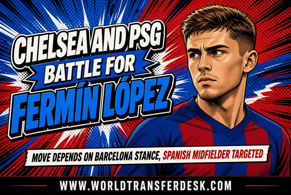 WTDesk's tweet photo. 🚨 Chelsea and PSG are reportedly battling for Barcelona midfielder Fermín López, according to CaughtOffside.

Both clubs are said to be interested in the Spanish midfielder, but any potential move would depend on Barcelona’s stance. https://t.co/VlaIUcLPtZ