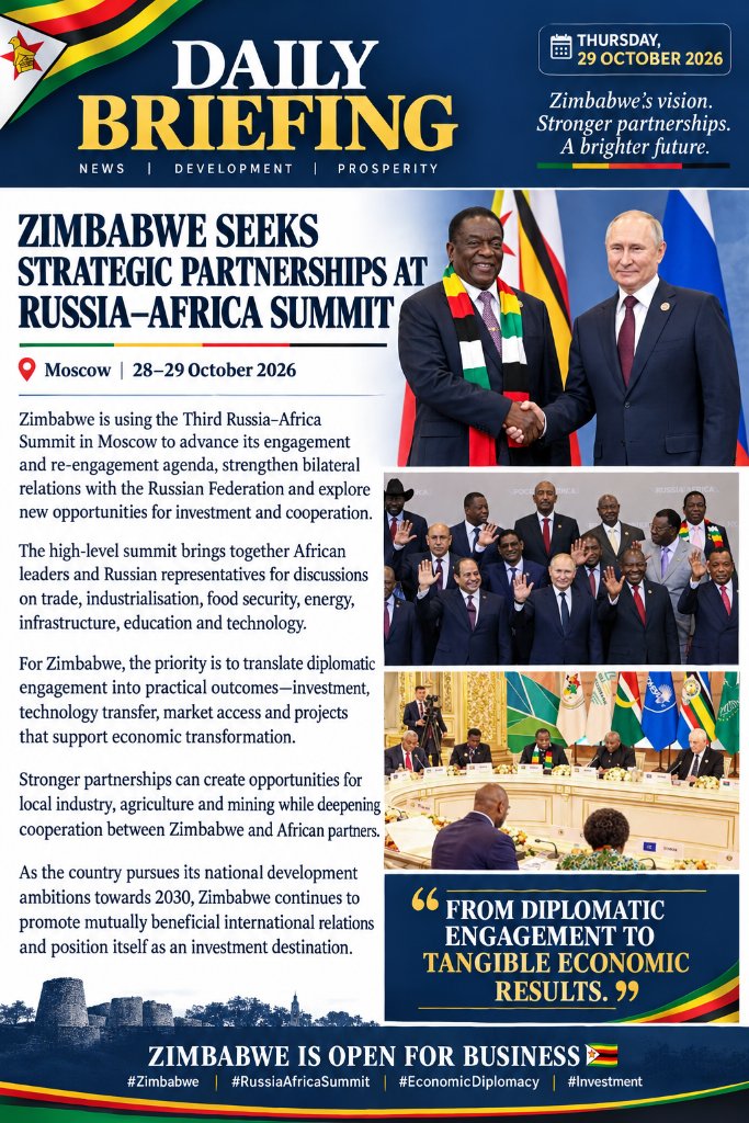 buhlewakobyo's tweet photo. Zimbabwe is using the Russia–Africa Summit to advance strategic partnerships and explore opportunities in trade, investment and technology. The priority is to turn diplomatic engagement into practical outcomes that support Zimbabwe’s economic transformation. 
 #RussoAfroSummit https://t.co/xFCyGEaH1h