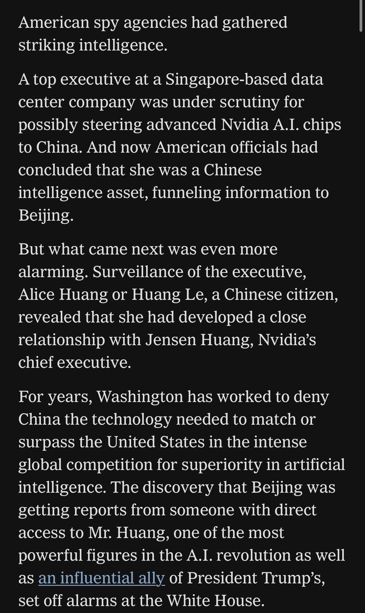 Screenshot of the opening paragraphs of a New York Times article saying US officials concluded a Singapore data center executive, Alice Huang, was a Chinese intelligence asset with a close relationship to Jensen Huang