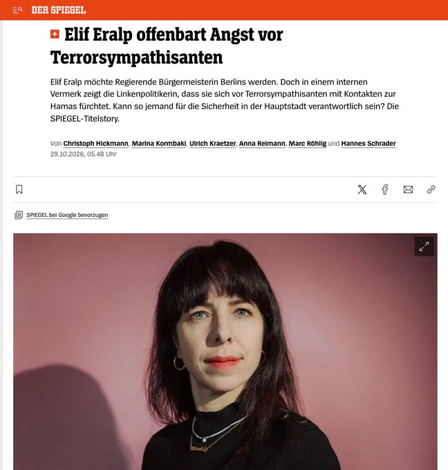 zeevrosenberg's tweet photo. Die Angst der Kandidatin ist das Zeugnis ihrer Partei

Es gibt Enthüllungen, die man sich nicht ausdenken könnte.

Elif Eralp, Wahlsiegerin und Anwärterin aufs Rote Rathaus, schickt dem SPIEGEL ihr autorisiertes Interview zurück. Mit den internen Kommentaren drin. Versehentlich.

Darin, sinngemäß: Über diesen Mann rede ich nicht. Ich habe Angst. Um mich, um meine Familie.

Gemeint ist Ibrahim Ibrahim, langjähriger PFLP-Unterstützer. Nicht irgendwo in Berlin. Auf der Wahlparty der Neuköllner Linken.

Das ist der Punkt, über den jetzt alle reden sollten. Nicht die Angst einer Frau, sondern die Partei, in der diese Angst entstanden ist.

Eine Linke, mit der SPD und Grüne erst sondieren wollten, nachdem sie schriftlich zusagt, wie sie mit Antisemitismus in den eigenen Reihen umgeht. Eine Linke, bei der die Gespräche schon einmal unterbrochen wurden, weil sie sich an diese Zusage nicht gehalten hat. Und jetzt eine Spitzenkandidatin, die selbst nicht mehr offen sagen will, wer da im Umfeld unterwegs ist.

Wenn sogar die Chefin Angst vor dem Milieu hat, das in ihrer Partei ein und aus geht: Wer schützt dann die jüdischen Berliner, die diese Angst seit Jahren haben?

SPD und Grüne müssen jetzt entscheiden, ob sie dieses Problem mit in den Senat nehmen. Eine Koalition mit der CDU wäre möglich. Nicht bequem, nicht glamourös. Aber eine Regierung, die vor niemandem die Stimme senkt.

Wer diese Stadt führen will, muss aussprechen können, wer sie bedroht. Die Linke kann es offenbar nicht einmal intern.
@SteffenKrach | @grafwer | @Bettina_Jarasch | @spdberlin | @gruene_berlin | @dielinkeberlin 
#Berlin #DieLinke #Eralp #Antisemitismus #RotesRathaus