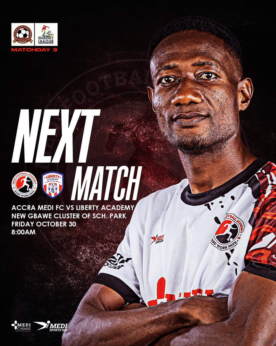 medifootballaca's tweet photo. Next, Liberty Academy… 🔴⚪️⚫️
.
#MediFootballAcademy #MatchDay #NextMatch #GhanaFootball #HardWorkPays https://t.co/Fn1GL20pue