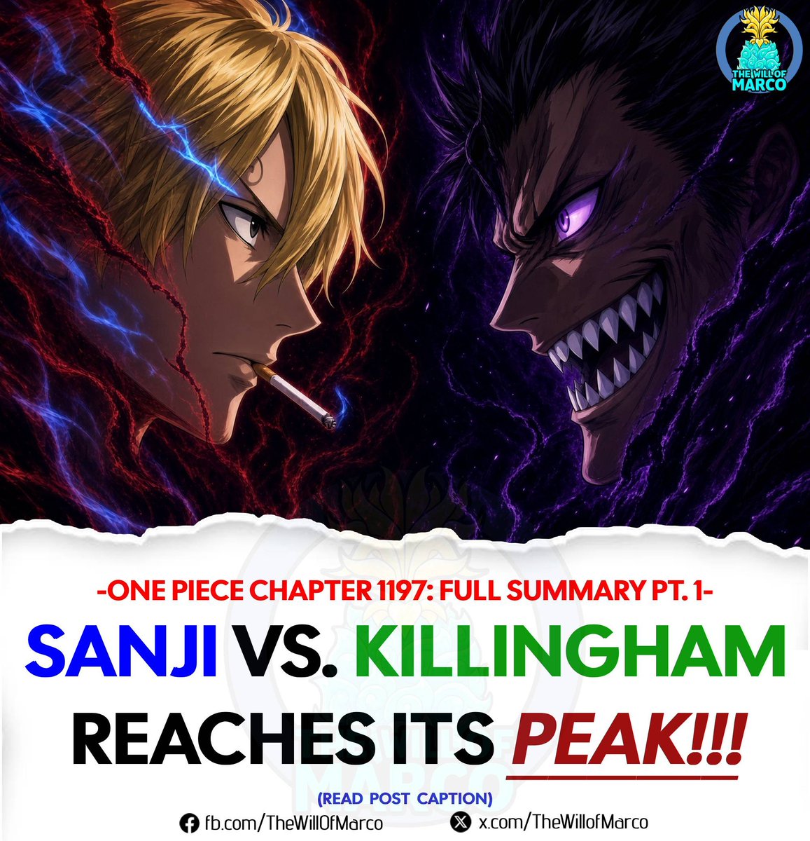 TheWillOfMarco's tweet photo. ⚠️ #ONEPIECE1197 - FULL SUMMAY: PART 1 ⚠️

One Piece Chapter 1197: "Love is Defense" 

English Translation by yours truly: 🍍

-----------------------------

Cover Page Request: 

“Zoro laughing out loud at Sanji, who has been turned into a child by Bonney’s ability.”

We can see Bonney eating meat at a table while Zoro hands out candy to kid Sanji, laughing out loud. Kid Sanji is clearly annoyed and is trying to kick Zoro, LOL.

TL NOTE:

On Zoro’s shirt, there’s a quote written in Old Irish:

Rop tú mo chathscíath, rop tú mo chlaideb.

This translates into English as:

“Be thou my battle-shield, be thou my sword.”

These lines come from the fifth stanza of Rop tú mo baile, the Old Irish Christian poem traditionally associated with the beloved hymn Be Thou My Vision. The poem is traditionally dated to the 8th century, although some scholars suggest it may have been composed later. 

---------------------------------------

Beginning Note: VS. St. Killingham!!! Sanji, confronting his own "self," is…?!

Killingham: “Stop acting so high and mighty”*...?!! Hey, you lowly commoner, Sanji...

(TL NOTE: I'm using my personal translation from the previous chapter. VIZ' TL of this line from the last scene of the previous chapter is : "Get off your high horse.")

Killingham: What’s wrong? Have you finally come to admire us “Celestial Dragons”...!? You must be glad that your nightmare has vanished...!! What the heck happened to you in such a short time...!?

Sanji exhales a puff of smoke.

Killingham: OK!!! how utterly insolent!!
Pierce him!! “LONGINUS”!!!

(Killingham launches a laser beam attack towards Sanji.)

(Sanji flicks his cigarette away.)

(Sanji gets behind Killingham instantenously.)

Sanji: I’ll go with "Defense"... by making these legs harder than anything else!!Iva…!! You were right all along…!!

IFRIT JAMBE!!

COLLIER...!!

Sanji's inner monologue: I...

(Sanji gets behind Killingham to deliver a powerful kick, but Killingham turns the tip of his spear toward Sanji’s leg to intercept the attack.)

Killingham: Gahahahahaha!!

Sanji's inner monologue: I wanted to die!!!
I wanted to kill this body!! Because I thought it would be better to die than become scum like them* someday...!!
(Referring to his father and brothers.)
You were the only one who realized that's how I felt...!!

(Ivankov: HEE-HAW!!!!!!)

Sanji's inner monologue: You were right all along.
Maybe I really did see this body of mine as something filthy...!!

(Sanji’s leg clashes with the tip of Longinus, causing it to crack. He shatters the spearhead, and his powerful kick continues straight through, hitting Killingham right in the face. At this moment, his eyebrow curls to the left, resembling those of his Vinsmoke brothers. The same thing happened during his battle with Queen, when his Germa exoskeleton awakened. Killingham is sent flying backward, smashing through giant houses along the way.)

Sanji: “FORTRESS”!!!

[TL NOTE: The kanji reads 要塞 (yōsai), meaning “fortress.”]

Sanji’s inner monologue: No!! I MUST protect it!!

Killingham: Whoa, that was close! I almost fell...!!

(He's saying he almost fell in the flood water created by the MMA Zaza)

Killingham: Ow, ow... IT HURTS～～～!!!
That bastard!! He broke right through “LONGINUS”...!!
This is an insult to the Rimoshifu Family...!!

[Sanji thinks about Zeff, Ivankov (although Iva is barely visible in the panel, LOL), and then Reiju.]

Sanji’s inner thoughts: This body doesn't belong to Germa...!!! It was trained by that damn old man... and trained in the Kamaba...!!!

(Trained in the Kamabakka Kingdom...)

(TL NOTE: LOL, Sanji was about to say “Kamabakka Kingdom” but stopped halfway through the thought. Oda included the full phrase anyway so readers would understand. Sanji really doesn't want to remember his time there anymore, LMAO.)

Flashback thoughts:

Reiju: You were protected by Mom’s desperate struggle, even at the cost of her own life.
And that child was you, Sanji!!
A child born with “emotions.”

Sanji’s inner thoughts: This body that my late mother gave her life to protect...!! These legs...!!
If I can't even protect them, then how am I supposed to protect anything...?! 

(At this moment, Sanji’s eyebrows curl back to their original position, pointing toward the right.)

Sanji: First of all, I have a body right here that I need to protect!!! This is my body that’s fought its way through countless hardships!!!

(Sanji remembers his past adversaries: Mr. 2 Bon Clay, Jabra, Absalom, Wadatsumi, Vinsmoke Judge, and Queen.)

(Killingham is lying on the ground.)

Killingham: Hah... hah... What the heck...? Am I imagining it, or is my regeneration slower than usual?!
And yet, I can't seem to use anything... against a nobody like him... Ow, ow... Hm?

(Sanji closes in on Killingham from above.)

Sanji: “COLLIER FORTRESS”!!!

(Sanji kicks Killingham hard in the face again, LOL. His neck gets twisted in a weird way.)

Killingham: FUOGEHHH!! Gah...!!

Sanji’s inner thoughts: “Armament” alone is not enough...!! I’ll defend by making these legs harder than anything else!!!

(Sanji prepares to kick Killingham in the neck again.)

Killingham: Huh...?!!!

(Sanji keeps kicking Killingham in the neck, LOL. “COLLIER” is the French term for the neck cut of meat in butchery, a reference to the French culinary terminology used in Sanji’s attacks.)

Sanji: “COLLIER”!!!

Killingham: GAAAH!!!

Sanji: “COLLIER”!!!

Killingham: GEEHH!!!

Sanji: “COLLIER”!!!

Killingham: AGHAAH!!!

Sanji: “COLLIER”!!!

Killingham: GDEH...!!! *CRACK...* HAH...!!! AAAAAHHHHHH～～～!!!

Killingham: YOU BASTARD...!! Have you ever had your neck bones broken over and over and over again in your entire damn life?! Huff... huff...

Sanji: I get what you were saying about “Conqueror’s Haki,” but... To put it simply, I just need you to “want to die,” right?

(Killingham makes a funny shocked face, LOL)

Killingham: What the heck is this guy talking about...?!!!

(TO BE CONTINUED ON FULL SUMMARY PART 2)