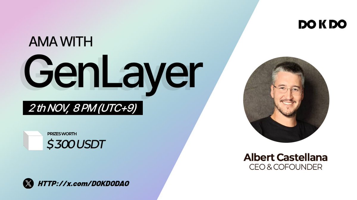 DOKDODAO's tweet photo. [DOKDO x GenLayer AMA]

📌 About GenLayer
GenLayer is a decentralized AI network that combines artificial intelligence (AI) with blockchain technology. Through an AI-powered consensus mechanism in which multiple AI models collectively evaluate and reach decisions, GenLayer aims to overcome the limitations of traditional smart contracts. It enables Intelligent Contracts that can process natural language and access real-time web data. By supporting applications such as AI agent transactions, prediction markets, decentralized finance (DeFi), and automated dispute resolution, GenLayer aims to build a trusted environment for onchain decision-making.

☑️ AMA Info
Date: November 2 (Mon), 20:00 KST
Place: DOKDO DAO Twitter (X)
Total Prizes: $300 USDT

1️⃣ Pre-Submitted Questions
↳ $30 USDT × 5 winners

2️⃣ AMA Participant Raffle
↳ Gift vouchers worth $150 in total

👉 Submit Your Questions: https://t.co/lisQGCjMBU

@GenLayer