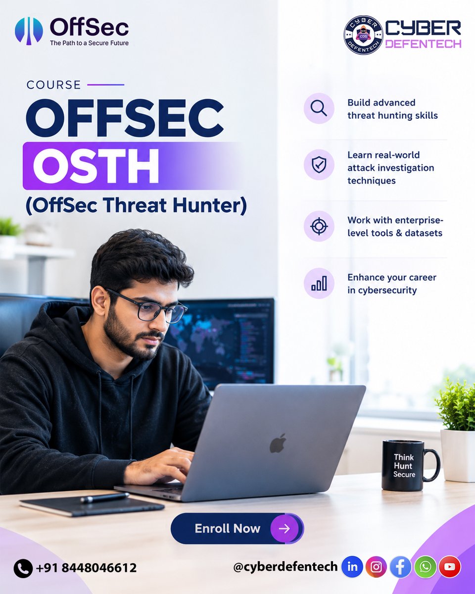 cyberdefentech's tweet photo. OffSec OSTH – Threat Hunter
Master advanced threat hunting & real-world attack investigation.
📩 training@cyberdefentech.com
📞 +91 8448046612
📱 @cyberdefentech
Enroll Now
#OffSec #OSTH #ThreatHunting #CyberSecurity #CyberDefentech https://t.co/8RUHgXXilB