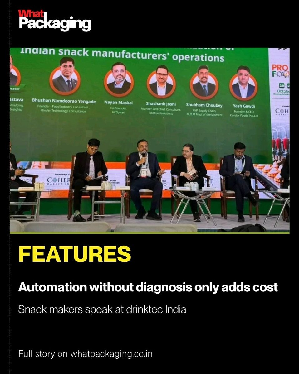 WhatPackaging's tweet photo. A deep dive with snack makers as food safety crackdown sharpens

At Drinktec India, a panel argued that automation without diagnosis only adds cost. The discussion then turned to regulation: nearly 8,000 licences have been cancelled in three years. https://t.co/FzPNwblbPh