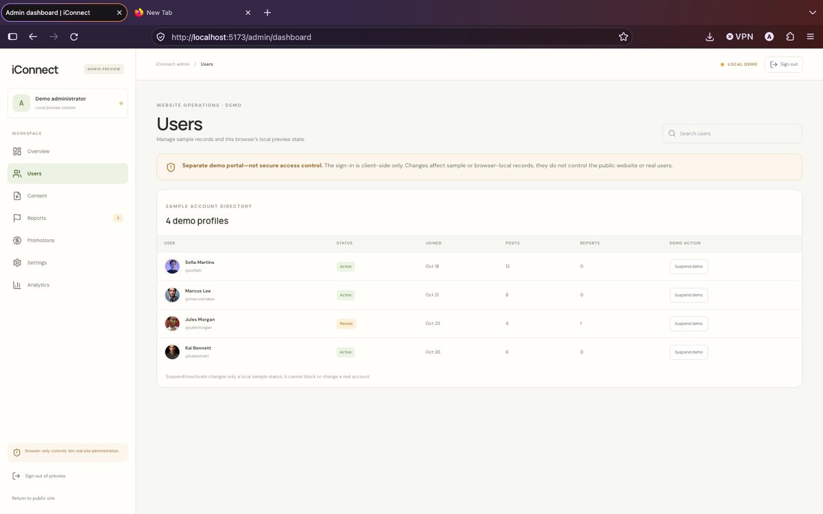 hexsean's tweet photo. I just started designing iConnect’s admin dashboard 🚀 User and content management, reports, settings, campaign drafts, and analytics—currently a browser-only prototype. Building in public! #iConnect #BuildInPublic #WebDev https://t.co/g9yzMHSaBD