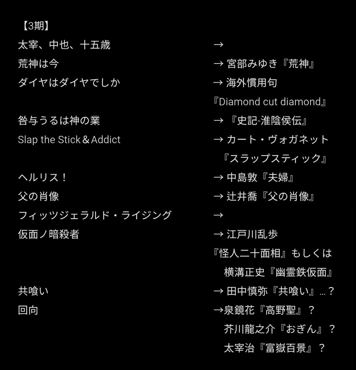 totato_shio's tweet photo. 文ストアニメタイトルの元ネタ考察（ほぼ）完全版です！🙌沢山の方にお助け頂き、じわじわと埋まりました…！有難う御座います！
画像枚数の都合上4期5期が1枚になっています https://t.co/dLiDYND3A1