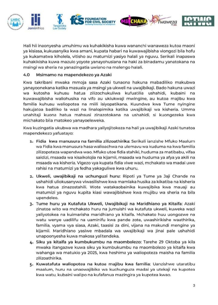 Mwabuk2Boniface's tweet photo. TAARIFA KWA UMMA: 

TATHMINI YA MATUKIO YA OKTOBA 29, 2025 BAADA YA MWAKA MMOJA "UKWELI, UWAJIBIKAJI NA HAKI" https://t.co/VeFeHH4Zl7