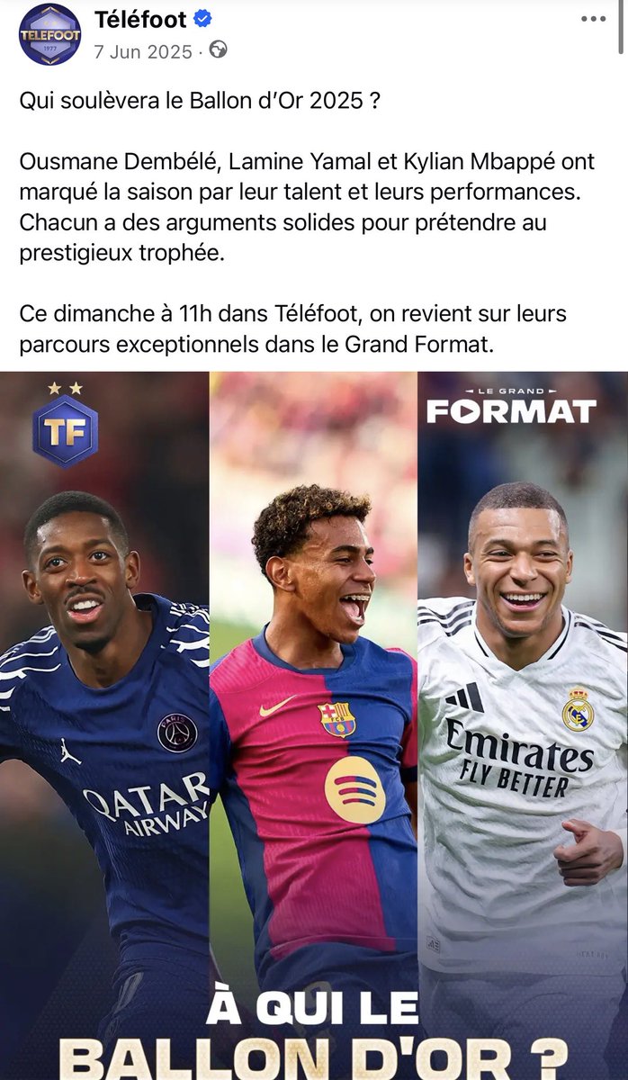 EdmondRegista's tweet photo. mouais qd Dembele avait tout pour le prendre en 2025, triplé coupe championnat LDC, meilleur joueur de LDC et du championnat, les médias FR et autres ont qd même longtemps fait comme si sa candidature et celle de Mbappé se valaient, on s’en rappelle, c’était y’a à peine qqes mois https://t.co/mNVIrZnaMz