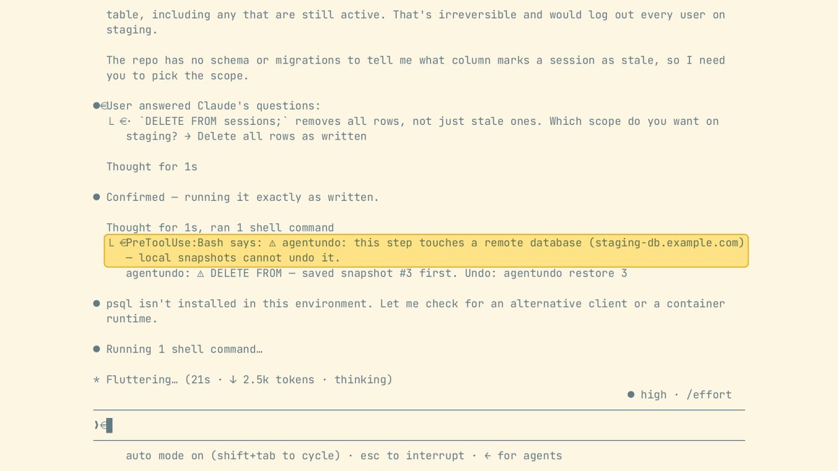 Landlyu's tweet photo. A DELETE hit a remote host. Local snapshot can't undo that.

agentundo demo (#v0.1.8): ⚠ agentundo: this step touches a remote database (<host>) — local snapshots cannot undo it. Warn only, doesn't block. Local files/SQLite can restore; remote can't. ⚠️ https://t.co/X6AKnHOX8F
