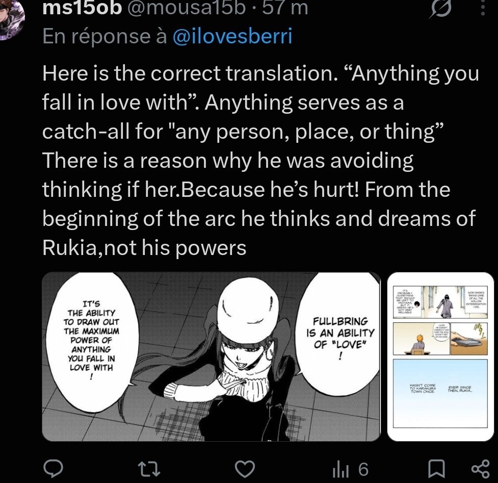 ilovesberri's tweet photo. “He thinks and dreams of rukia, not his powers”, sure brotta, sure, it’s for that reason you didn’t show the rest of the chapter?
The reason he thought about Rukia was because she was the last thing that tied him to his life as a Shinigami.  Holy  cherry picking. https://t.co/5UPGKANusY