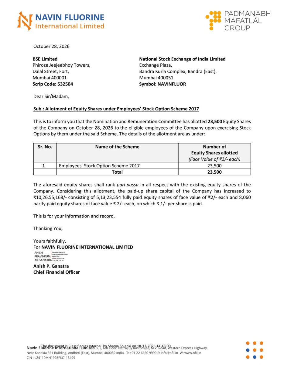 BigInvestorLens's tweet photo. #NAVINFLUOR
#ESOP/ESOS/ESPS
Navin Fluorine International Limited has informed the Exchange regarding Allotment of 23500 Shares
#StockMarketIndia #bseltd https://t.co/wvoP5oSgnk