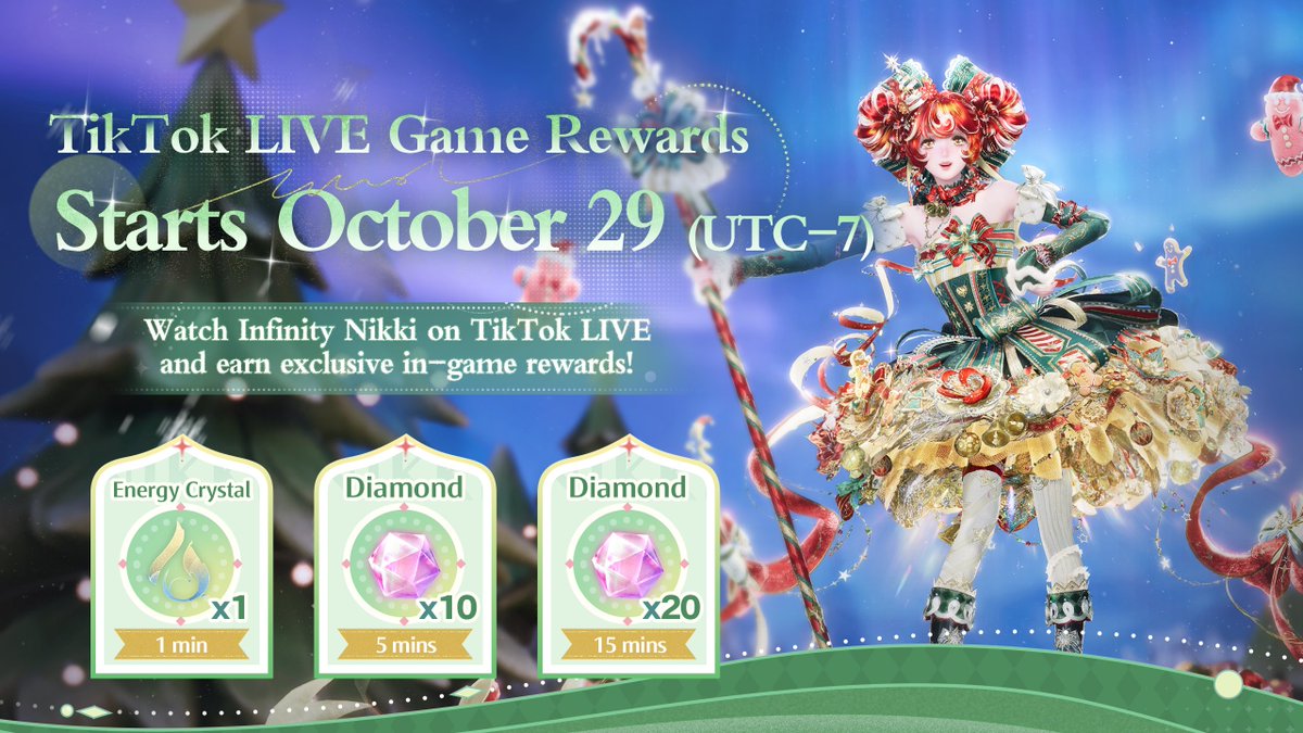 InfinityNikkiEN's tweet photo. TikTok LIVE Game Rewards for Version 2.11 are here!
Watch participating streamers and earn rewards along the way!
Event Period:
Oct 29 – Nov 25, 2026 (UTC-7)
Rewards:
- Watch LIVE for 1 min -> Energy Crystal *1
- Watch LIVE for 5 mins -> Diamond *10
- Watch LIVE for 15 mins -> Diamond *20
How to join:
https://t.co/48o9qiNSse

Creators interested in participating can contact us at
InfinityNikki_Event@infoldgames.com.

——
➤ Infinity Nikki Version 2.11 Tales Woven in Time launches globally on October 29 (UTC-7)!
➤ Download Now: https://t.co/soaPebyO8B
➤ Join us on Discord: https://t.co/QvZPw1gbZn
#InfinityNikki
#TalesWoveninTime