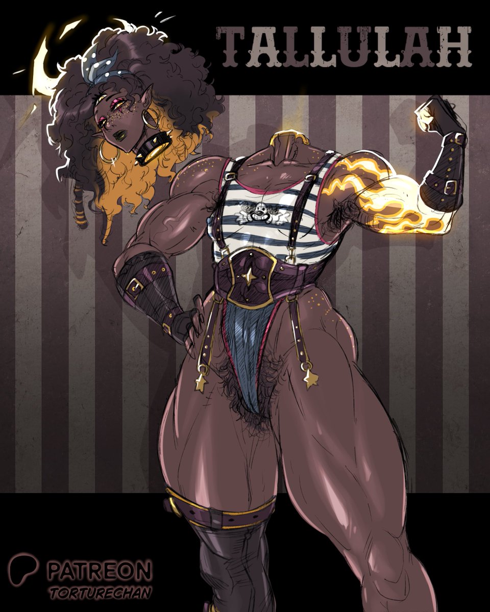 TortureChanArt's tweet photo. new character Tallulah unlocked for my patreon circus world next illustration.
muscles for days, a third eye that sees right through your excuses, and a flaming arm that could make your knees weak for entirely different reasons😏🔥
She's apathetic, ridiculously strong, and absolutely unimpressed by your flirting , good luck getting her attention.🤡