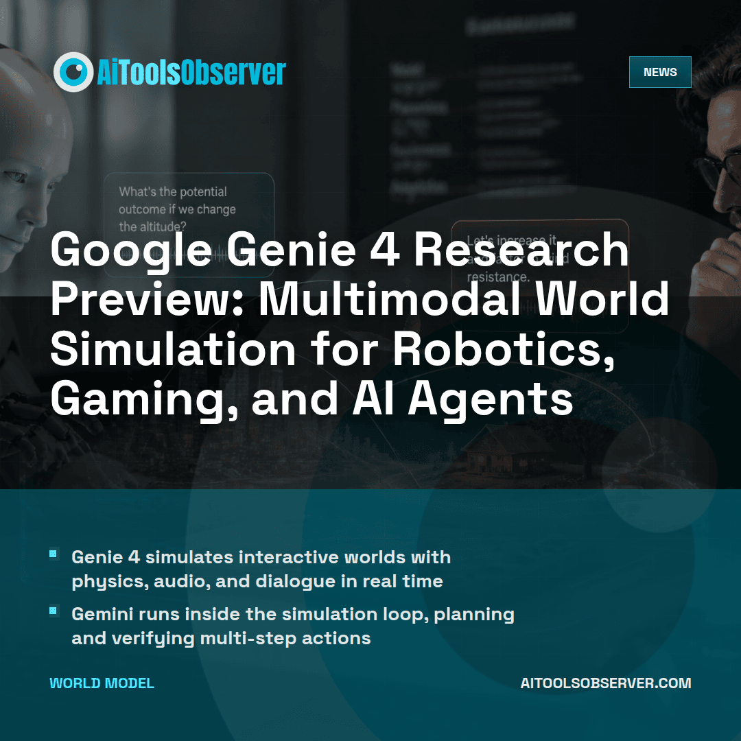 AiToolsObserver's tweet photo. Genie 4 turns prompts into live, steerable worlds. See how Google is using Gemini for real-time physics, audio, and agent simulation in its latest research preview.

 A few details worth knowing ↓ https://t.co/fbbRJkdEFE