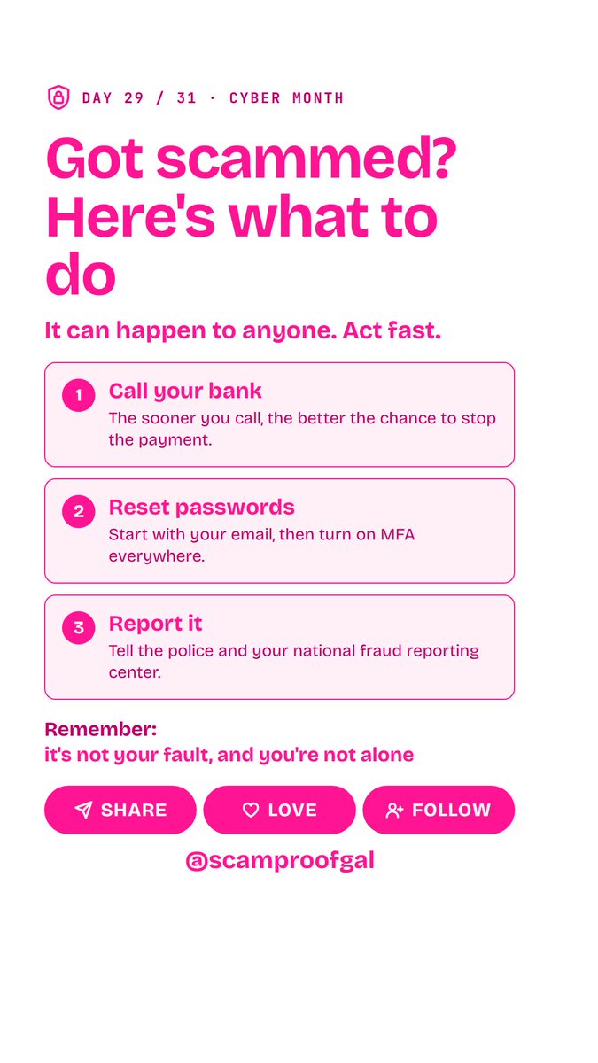 Christine748730's tweet photo. 🆘 DAY 29: Got scammed? Here's what to do
First, take a breath. 💕 Scammers are professionals, and it can happen to anyone, even the smartest, most careful people. What matters most is acting fast. https://t.co/eCjnpPy8UO