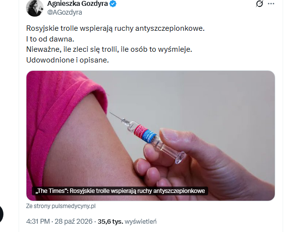 AMichnalewicz's tweet photo. Pani @AGozdyra przypisuje sceptycyzm wobec szczepień „rosyjskim trollom”, powołując się na badania. 

Pomija jednocześnie badania, które wskazują, że negatywne doświadczenia rodziców (lub ich dzieci) ze szczepieniami – zwłaszcza reakcje niepożądane – wiążą się z większą niechęcią do szczepień i postawą antyszczepionkową.

1. Przegląd literatury „The shadow of reactogenicity: Parental hesitancy due to prior vaccine experiences” (Vaccine, 2026) pokazuje spójny związek między wcześniejszymi doświadczeniami reaktywności szczepionek u rodziców/opiekunów a późniejszą niechęcią do szczepienia dzieci.

2. Badanie jakościowe z Australii („How the experience of medical trauma shapes Australian non-vaccinating parents’ vaccine refusal…”)
Negatywne doświadczenia medyczne (w tym postrzegane poważne reakcje po szczepieniu) mogą działać traumatyzująco i prowadzić do reewaluacji decyzji o szczepieniach oraz utraty zaufania do systemu medycznego.

3. Badanie pokazujące związek między reakcją po szczepieniu a późniejszym zachowaniem
Parents' Behaviors and Experiences Associated with Four Vaccination Behavior Groups for Childhood Vaccine Hesitancy (2022).
Doświadczenie może mieć związek nie tylko z deklarowanymi obawami, ale także z rzeczywistym sposobem realizacji szczepień.
 
4. Badanie rodziców odmawiających szczepień — znaczenie osobistego doświadczenia
Badanie opublikowane w BMJ Open w 2019 r. — Understanding non-vaccinating parents' views to inform and improve clinical encounters.
 24 z 32 badanych wskazało doświadczenie choroby po szczepieniu — dotyczące własnego dziecka, znanego dziecka lub ich samych — jako główny powód pojawienia się wątpliwości dotyczących bezpieczeństwa szczepień.

5. Badanie polskie — obawy po szczepieniach i relacja z personelem medycznym
Janiak, Piszczek i Buczkowski (2025), Parental doubts regarding childhood vaccinations after the COVID-19 pandemic: a qualitative study from Poland.
Negatywne doświadczenia i sposób, w jaki personel reaguje na obawy rodziców, mogą być częścią procesu prowadzącego do nieufności wobec szczepień.

Udowodnione i opisane!

Czy Pani Gozdyra kiedykolwiek szczegółowo omawiała konkretne przypadki NOP-ów, problemy z uznawaniem odczynów, limity wypłat z Funduszu Kompensacyjnego, liczbę wypłat czy krytykowała niedostatki systemu?  Bo skoro ktoś publicznie postuluje najwyższe możliwe kary za nieszczepienie dzieci - a Gozdyra zrobiła to bardzo ostro i wprost-  to spójna postawa wymagałaby też interesowania się drugą stroną medalu: realnymi szkodami oraz systemem, który ma te szkody rekompensować.