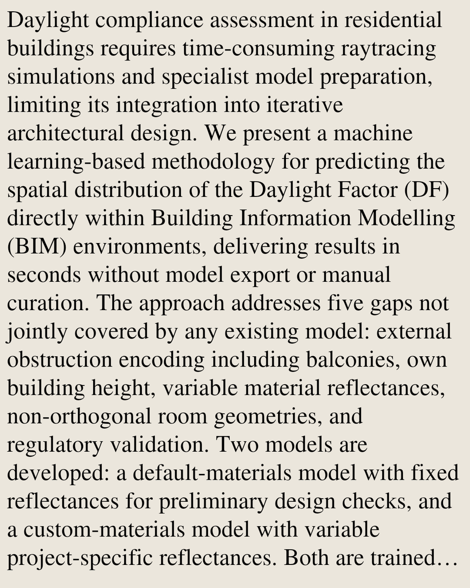CSVisionPapers's tweet photo. A SegFormer-based model for spatial Daylight Factor prediction with comprehensive obstruction encoding and regulatory validation

Stanislava Fedorova, Alejandro Pacheco Diéguez, Christoph Berkmiller, Alberto Floris, Libny Pacheco, …
https://t.co/30XPU1VjP9 [𝚌𝚜.𝙲𝚅 𝚌𝚜.𝙻𝙶] https://t.co/foYq0T9pP0