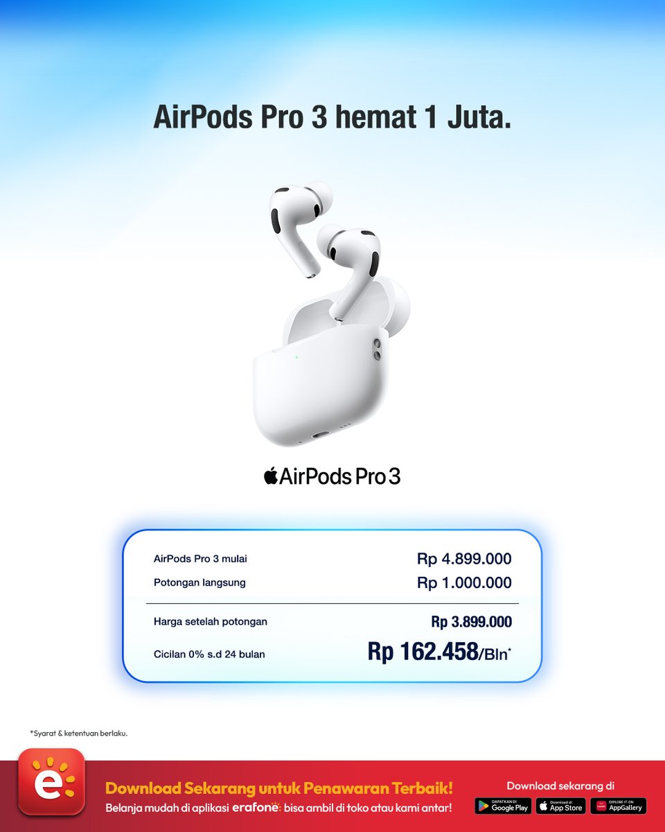 ErafoneStore's tweet photo. Pengalaman suara tak tertandingi.

Dapatkan AirPods Pro 3 mulai dari Rp 3.899.000 atau Rp 162.458/Bln*! Serta Apple Watch SE 3 mulai dari Rp 3.999.000 atau Rp 166.625/Bln* di toko erafone, https://t.co/sZX5T8tEEk, atau Aplikasi erafone. https://t.co/jSdNvZQYOB