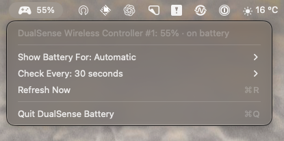 farzadso's tweet photo. I never knew how much juice was left in my PS5 controller when using it on my Mac, so i made a little menu bar app to show it 

🎮🔋

Sharing it in case anyone else finds it useful:
https://t.co/Sc0qStJuRi

#MacGaming #DualSense #macOS #Swift https://t.co/o5VVdZTK9z
