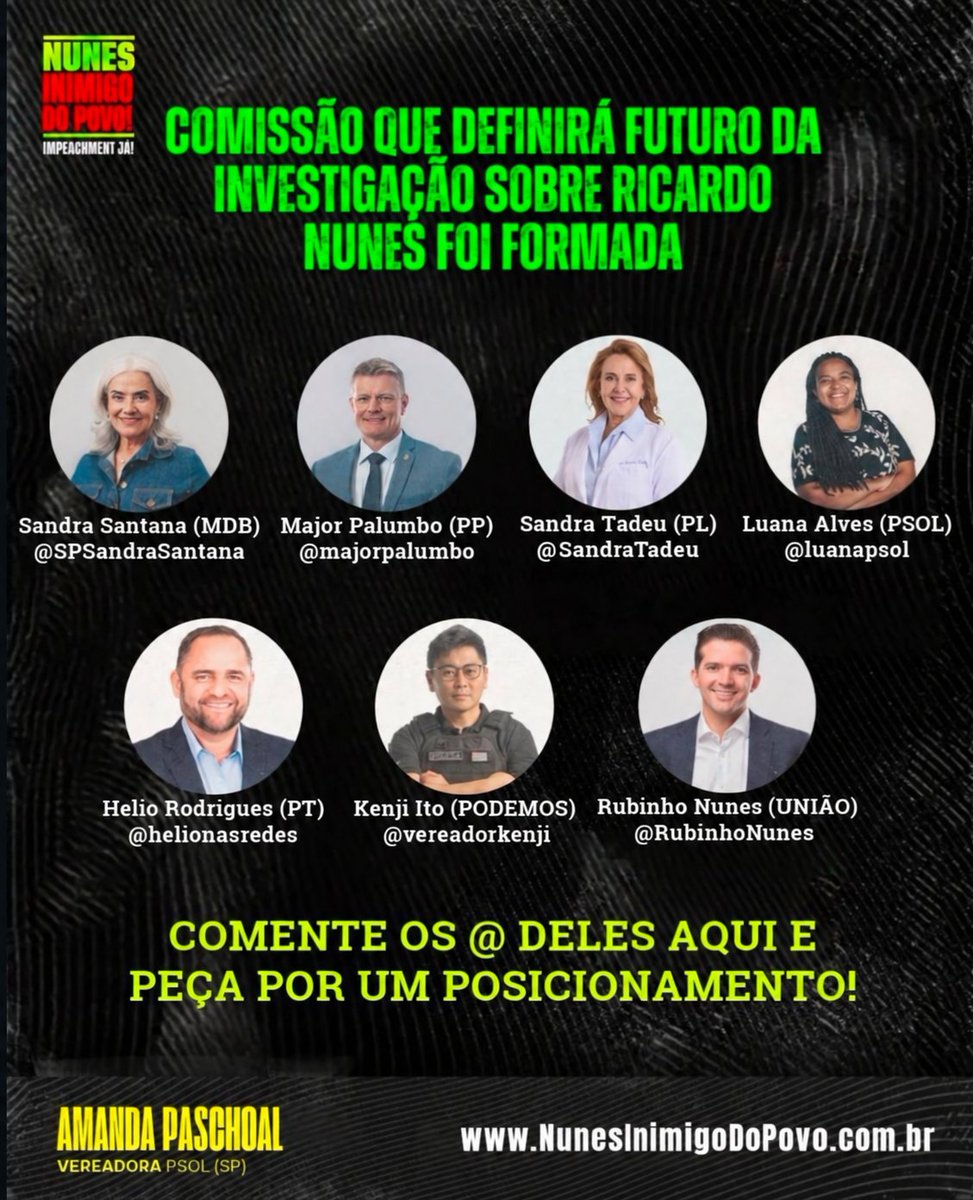 AmandaaPaschoal's tweet photo. 🚨URGENTE!

Estes são os vereadores que integram a Comissão Especial responsável por analisar a admissibilidade do pedido de impeachment que protocolei contra Ricardo Nunes.

A comissão vai se reunir HOJE, às 16h30, na Sala Tiradentes. Marque os vereadores, mande uma DM e envie sua manifestação à Câmara pelo site:

https://t.co/qN4yG4RrNz

VAMOS PRESSIONAR!