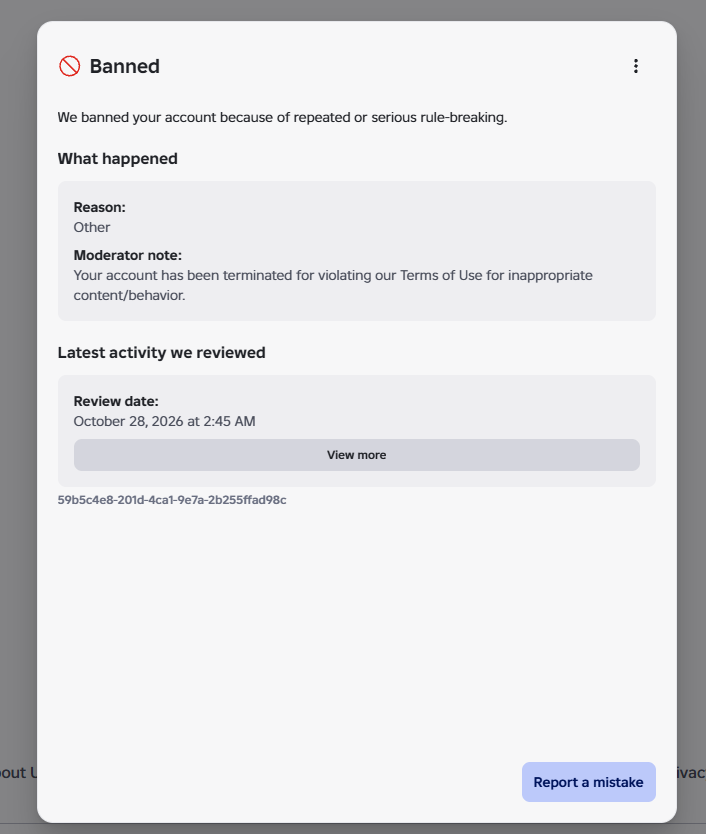 ACYbui's tweet photo. @Roblox @RobloxCreators

Tonight at 4:30 PM ET, Roblox presents its Q3 earnings to investors. They'll talk about growth, engagement, and the future of the platform.

What they probably won't talk about is the ban wave happening right now.

Over the past week, reports of false terminations have spiked hard. Developers, UGC creators, and long-time players are waking up to permanent bans issued by automated systems overnight. Mine came at 2:45 AM while I was asleep. Three violations in one night. The reason listed? "Other." The moderator note is a generic line about "inappropriate content/behavior" with no asset, no message, and no example of what I supposedly did.

I'm a verified developer. I've spent years building games, growing a community, and working with other creators. All of that is now locked behind a ban I can't even understand, let alone fix.

Appeals are getting automated replies or nothing at all. And as of today there's still no official statement from Roblox acknowledging what's happening.

We know Roblox can fix this. They've reviewed and reversed false ban waves before. So we're asking for the same thing now:

��� Acknowledge the ban wave publicly
• Pause automated terminations until they're reviewed
• Give affected creators a real human review
• Tell us what we actually did, if anything

The creators are the reason the platform has anything to show investors. Please don't leave us out of the conversation tonight.

#RobloxBanwave #RobloxDevs