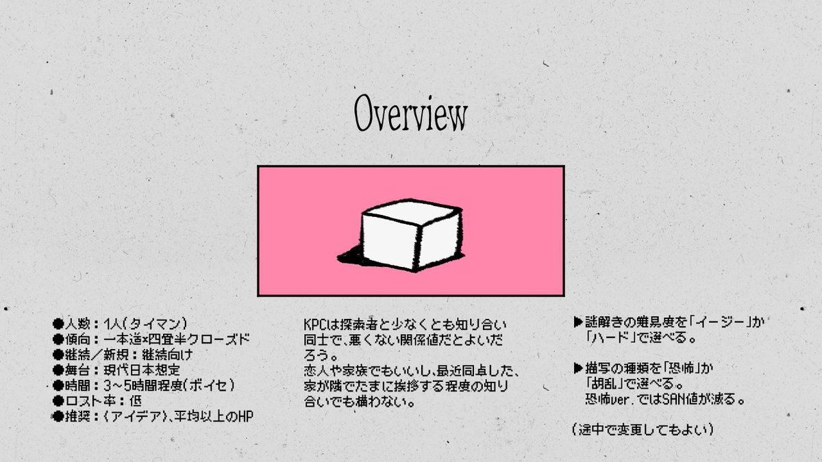 hhhhhoneycomb's tweet photo. #さいのめ6_ヤオヨロズ
#さいのめ6_クローズド
#さいのめ6_奇妙
『干す・塩・試す』は、指一本動かせないほどの高熱にうなされた探索者が、奇妙な部屋で、奇妙なKPCに看病される、奇妙な謎解きタイマンクローズドシナリオです。
まずは神を殺してください。

https://t.co/nUcTRAbRjJ https://t.co/16pKIvsjEo
