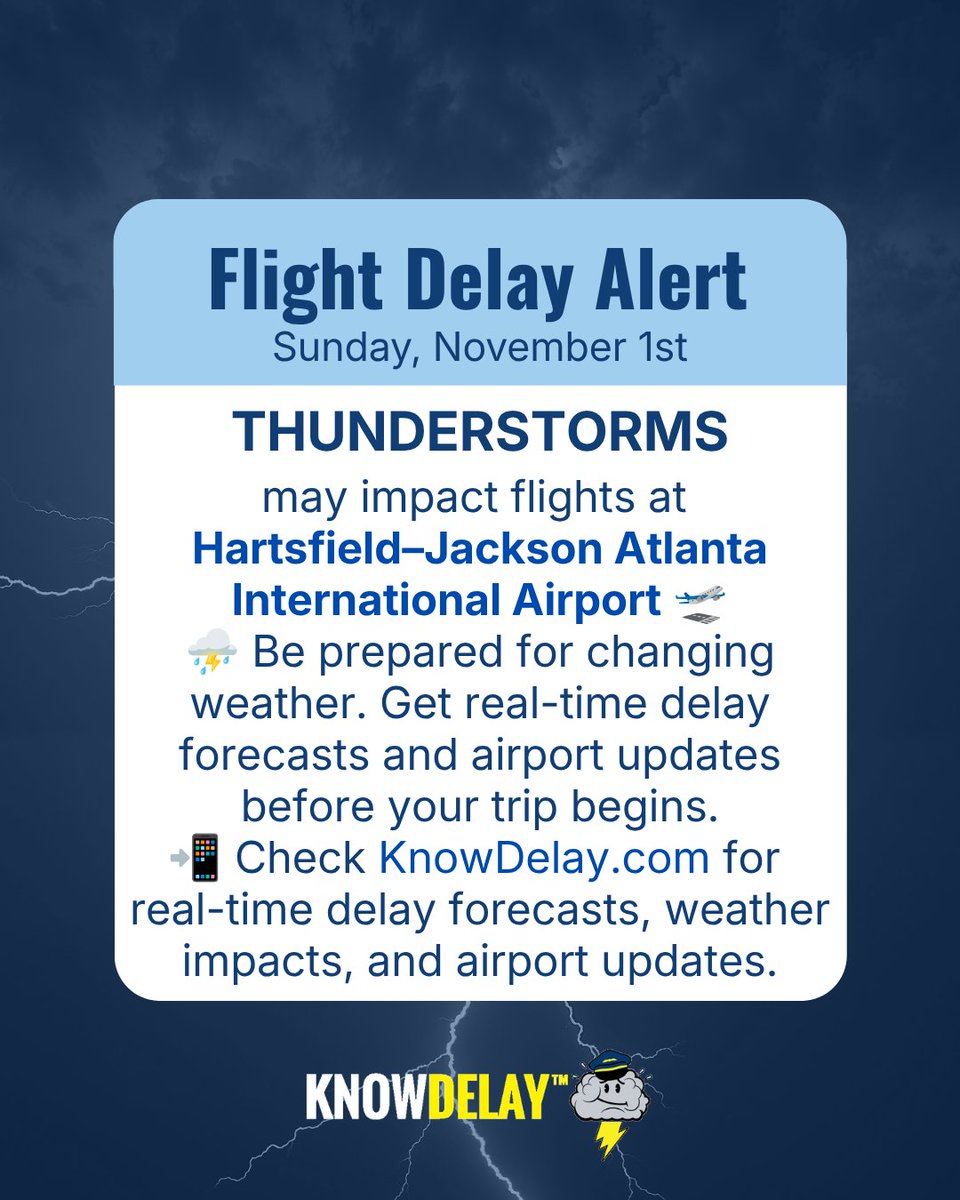 KnowDelay's tweet photo. ⛈️✈️ Atlanta travelers, don’t let stormy skies ground your plans! ⚠️
Thunderstorms may affect flights at @ATLairport, bringing possible delays and changing travel conditions.
📲 Check https://t.co/GZKkrx5oLE before you head out for real-time flight delay forecasts, weather impacts, and airport updates.
#atlanta #WeatherDelay #knowdelay