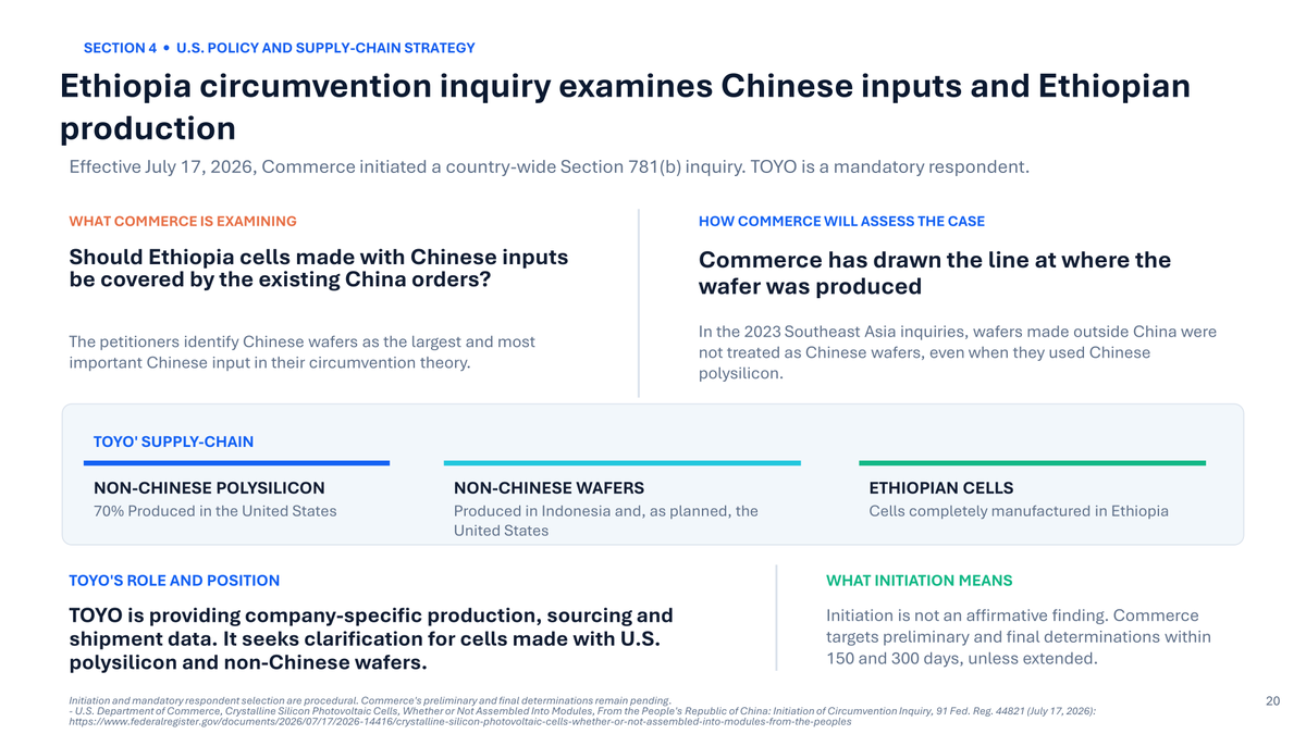 StableBread's tweet photo. Commerce’s first ruling on whether TOYO Co., Ltd’s $TOYO Ethiopian cells should pay the duties on Chinese cells is due ~December 14.

$TOYO says those cells use no Chinese wafers, but in 2025, it bought $94.9M of goods from VSun China, which its 20-F calls “a crucial supplier of monocrystalline silicon wafer.”

Circumvention is when a producer finishes its products in another country to avoid duties on goods from its home country.

On May 12, 2026, First Solar $FSLR and seven other U.S. manufacturers asked Commerce to extend the 2012 duties on Chinese solar cells to cells and modules completed in Ethiopia with Chinese parts.

Commerce opened the inquiry on July 17, and $TOYO’s deck says it’s a mandatory respondent, meaning Commerce chose $TOYO as one of the companies whose production, sourcing, and shipment records it examines directly.

Commerce targets a preliminary determination within 150 days (~December 14, 2026) and a final one within 300 days (~May 13, 2027), unless it extends the deadlines.

$TOYO’s defense rests on the line Commerce drew in 2023.

In its Southeast Asia rulings that August, Commerce applied the China duties to cells made there from wafers produced in China, plus modules that paired those cells with more than two Chinese components.

However, it didn’t count wafers made outside China as Chinese, even when they used Chinese polysilicon.

Products outside those terms could avoid the China duties through a certification process, but Commerce barred the companies it found uncooperative in those inquiries from using the certification.

Neither $TOYO nor VSUN (the Vietnamese panel maker $TOYO was carved out of) was on that list.

$TOYO’s deck says the inquiry also covers past shipments.

$TOYO bought no raw materials from VSun China in H1 2026, just $2.6M of machinery, but it did buy $7.4M of unspecified raw materials from VSUN’s Vietnamese subsidiary in Q2.

I found no filing, release, or Commerce notice that says where VSun China’s wafers were made or which $TOYO plant used them.

$TOYO has asked Commerce for a prospective path, which would judge its current production separately from past shipments.

$TOYO’s slide on that request reads, “Commerce has not agreed to either approach. Timing and outcome remain uncertain.”

I’m fairly comfortable with $TOYO’s current cells, since $TOYO says they use non-Chinese wafers, which Commerce left out of the China duties in its 2023 rulings.

I’m less comfortable with its 2025 shipments, since $TOYO bought $94.9M of goods from VSun China that year, and Commerce hasn’t agreed to judge them separately from current production.