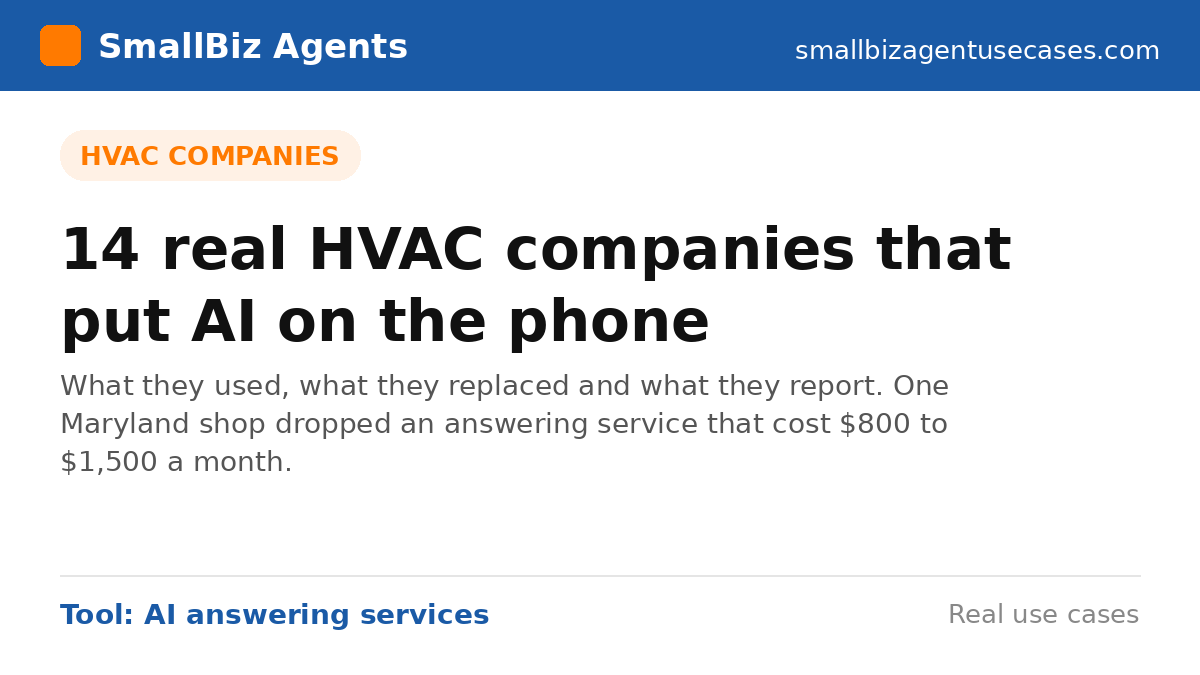 smbizagentuse's tweet photo. New guide: AI answering service for HVAC companies.

14 real HVAC companies that put AI on the phone: what they used, what they replaced and what they report.

One Maryland shop dropped an answering service that cost $800 to $1,500 a month.

https://t.co/Wj1nUuQksG https://t.co/14VplQy2Nj