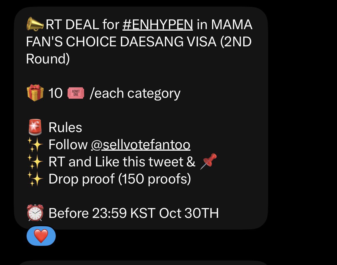_rkmj's tweet photo. 📣RT DEAL for #ENHYPEN in MAMA FAN'S CHOICE DAESANG VISA (2ND Round)

🎁 10 🎟️ /each category

🚨 Rules
✨ Follow @sellvotefantoo
✨ RT and Like this tweet &amp; 📌
✨ Drop proof (150 proofs)

⏰ Before 23:59 KST Oct 30TH https://t.co/N8ZUc4Ck5H