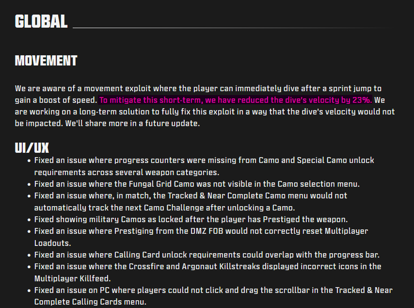 violettt_cod's tweet photo. you flipping kidding me?

MW4 패치노트_무브먼트 관련

인피니티 워드 曰,

저희는 속도 부스트를 위해 플레이어가 스프린트 점프 후 바로 다이빙을 할 수 있는 글리치에 대해 알고 있습니다.

그것을 임시로 완화하기 위해, 저희는
"다이빙 속도를 23% 감소시켰습니다" https://t.co/msp07Cg7GL