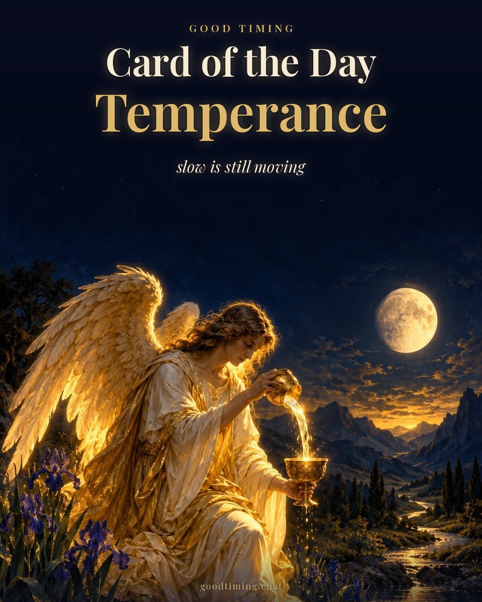 goodtimingchat's tweet photo. today's card: temperance 🕯️

temperance pours slowly from one cup to the other. nothing spilled, nothing rushed.
with mercury and venus both retrograde, slow is still moving.
blend the old with the new before you decide.

what are you trying to rush right now? https://t.co/cKG1HYBdgI