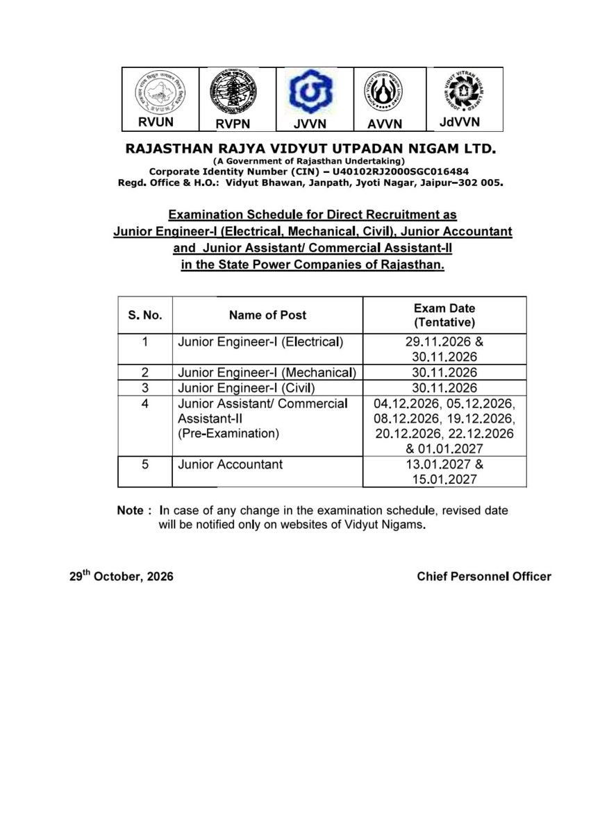JOBROZ24's tweet photo. RVUNL Exam Date 2026: JE, Junior Accountant &amp; JA/CA Schedule...

Puri jankari....

https://t.co/IISWNPq5ES

#rajasthanexam #rajasthanje #rvunl #jvvnl
#govtexam #rsssb #rpsc #examdate #rvunlexamdate https://t.co/y9ZUy2MVl8