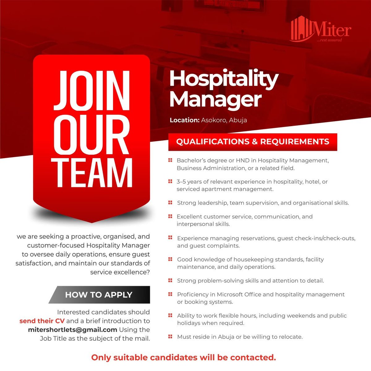 Monic_Amy's tweet photo. 🚨 JOB ALERT | ASOKORO, ABUJA

Miter Realty is hiring a Hospitality Manager! 🏨

✅ Experience in hospitality or hotel management
✅ Strong leadership and customer service skills
✅ Excellent organisational and communication skills. https://t.co/1zGF5C6LXj