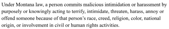 WomanDefiner's tweet photo. Montana has this law on the books and its never once been used against a minority who harasses White people. 

Laws like this explicitly are only ever used to punish White people. https://t.co/qNwZh5qYT1