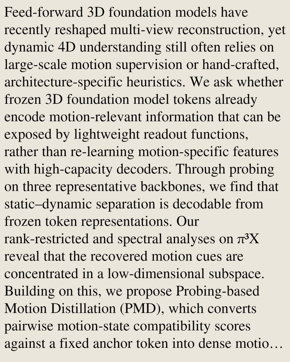 CSVisionPapers's tweet photo. ProMo3D: Probing Motion Cues in Frozen 3D Foundation Models

Xiaoang Zhang, Mert Kiray, Yordanka Velikova, Manoj Biswanath, Benjamin Busam
https://t.co/kf9AC1Mx1x [𝚌𝚜.𝙲𝚅 𝚌𝚜.𝙰𝙸 𝚌𝚜.𝙻𝙶]
💬Accepted at NeurIPS 2026 (Main Track) https://t.co/nCpH41glWb