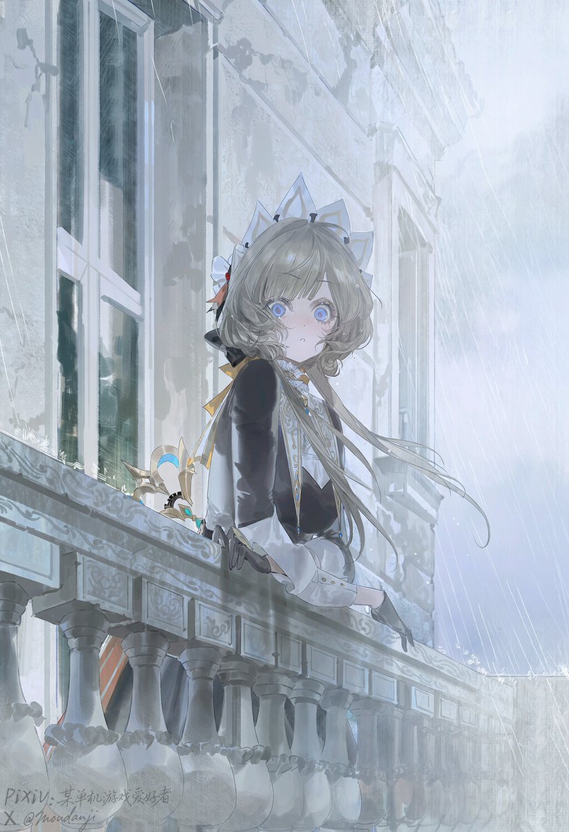 moudanji's tweet photo. Rain streaked the balcony railing.
 For a split second,
 her gaze found the girl with lilies, 
adrift in the grey crowd.
#Sandrone #Columbina #GenshinImpact #GenshinFanart https://t.co/okHiI1PMNR