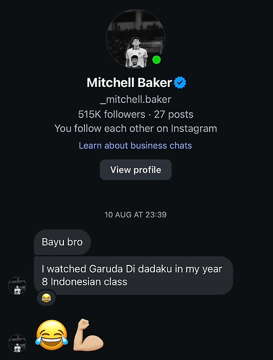 TimnasXtra's tweet photo. 🇮🇩 Mitch Baker:

“In Year 7, we watched Garuda di Dadaku at school. I recently contacted Emir Mahira, who played Bayu, and after the final he posted, ‘Now Bayu is watching you.’

That was a special full-circle moment for me.”

[@tribuna_ftbl] https://t.co/utSdoB9TNY