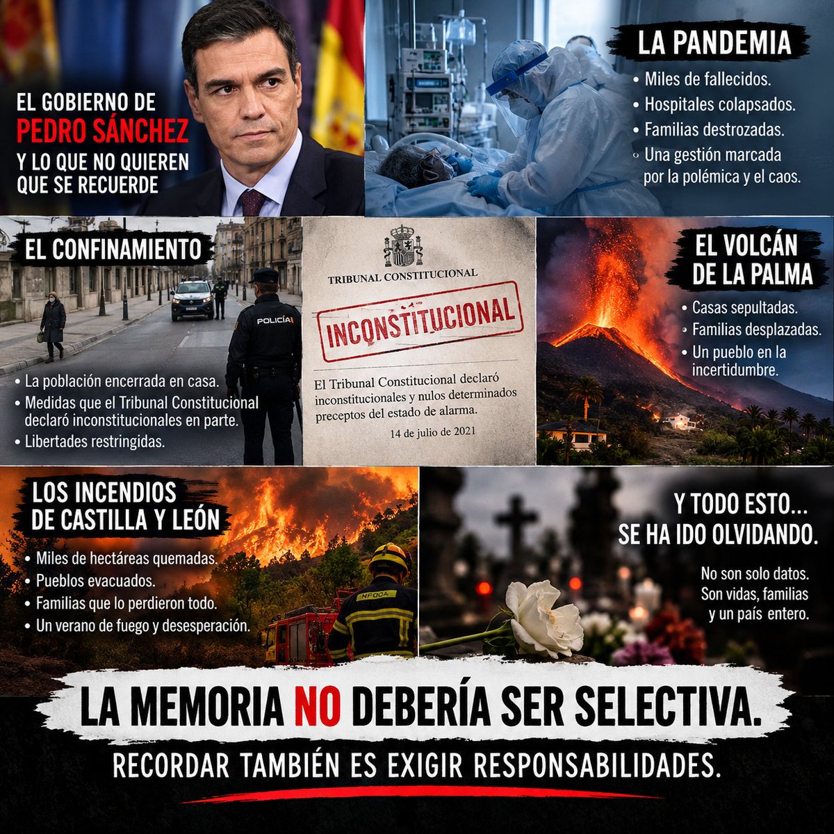 __JotaCe_'s tweet photo. @LaEtxebarria Se olvidan de la pandemia, de los miles de fallecidos, del confinamiento que el Constitucional declaró inconstitucional en parte, de la erupción del volcan de La Palma y de los incendios en CyL. La memoria no debería ser selectiva. Recordar también es exigir responsabilidades. https://t.co/RF7iuymhmq